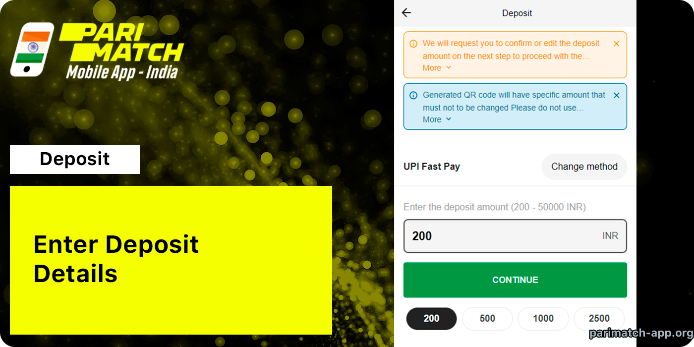 Enter deposit details - Amount and other info - Parimatch App India
