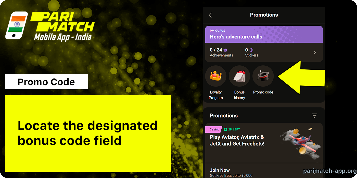 Find 'Promo code button Parimatch India App