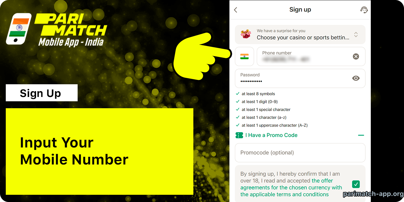 Input your Phone Number - Parimatch App India Registration