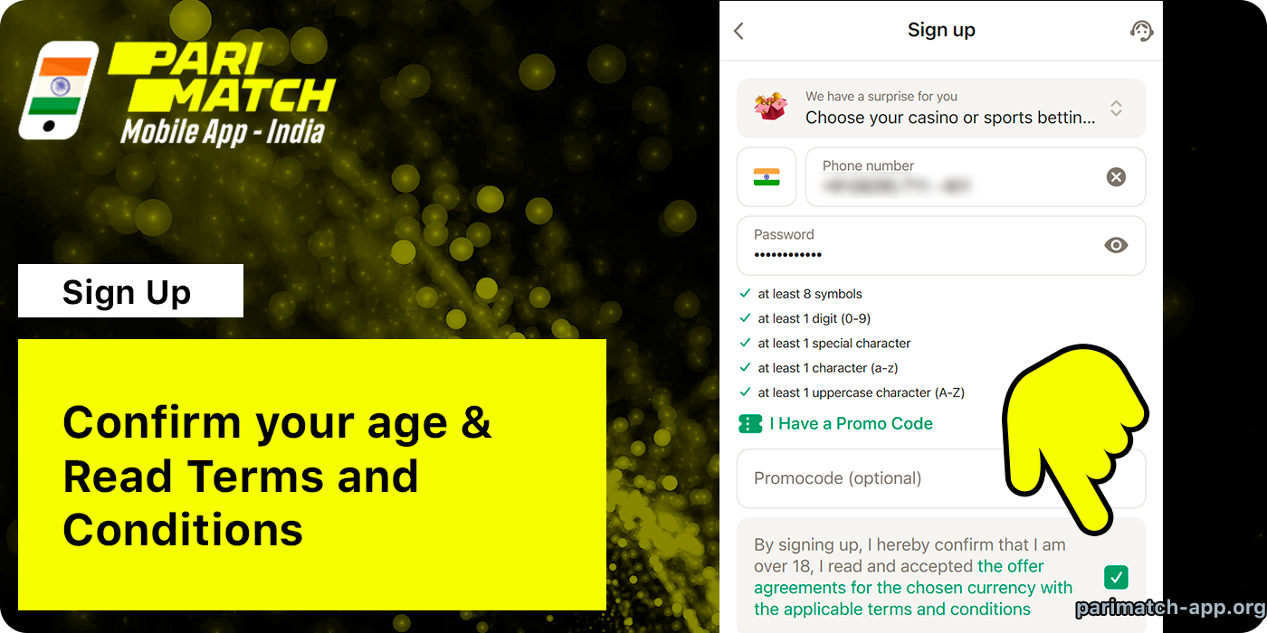 Confirm Your Age and Terms and Conditions - Parimatch App Registration